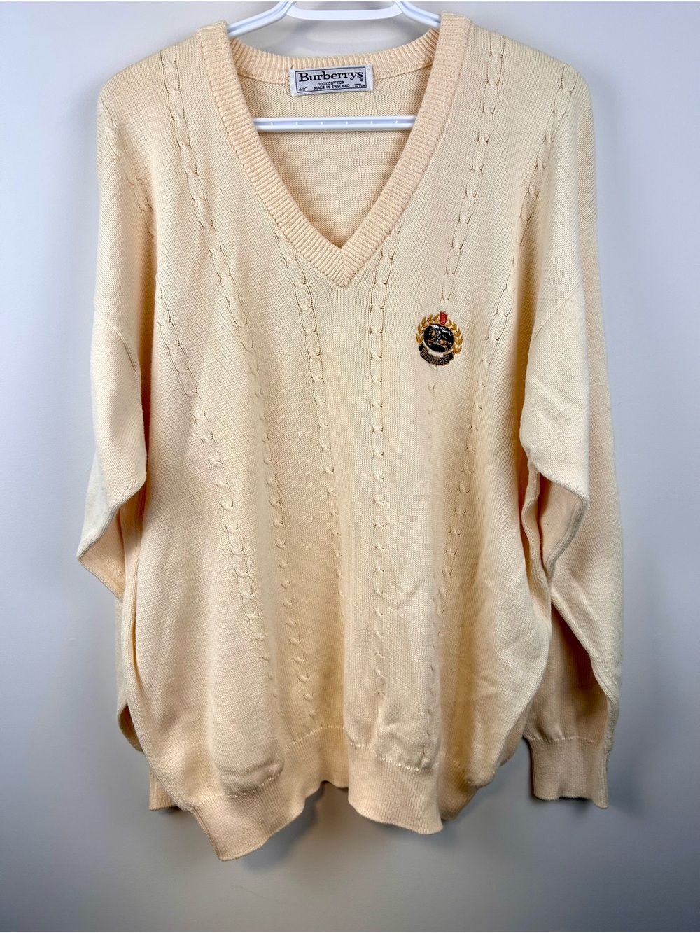 Vintage Burberry of London Cable Knit Sweater Cream V-Neck Crest Logo Cotton XL